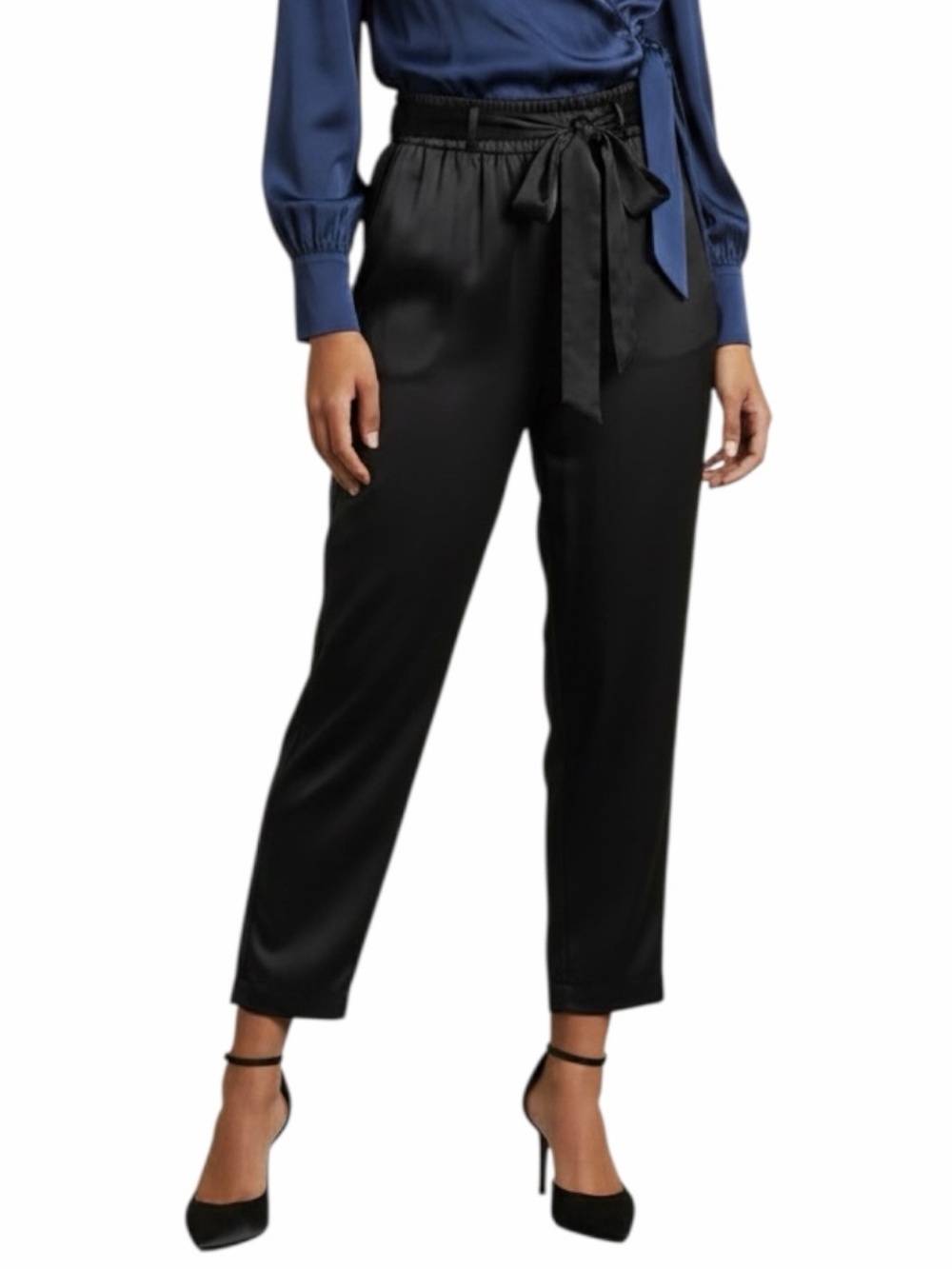 NWT Rachel Zoe Black Satin Tapered Ankle Pants XL Drawstring Waist Luxe
